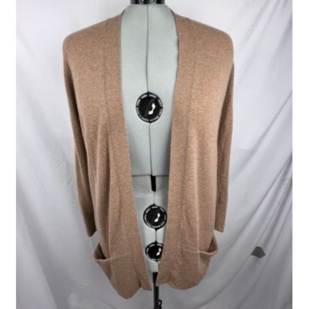 L.L.BEAN Women 2X 100% Cashmere Cardigan Sweater Camel Tan Open Front Pockets